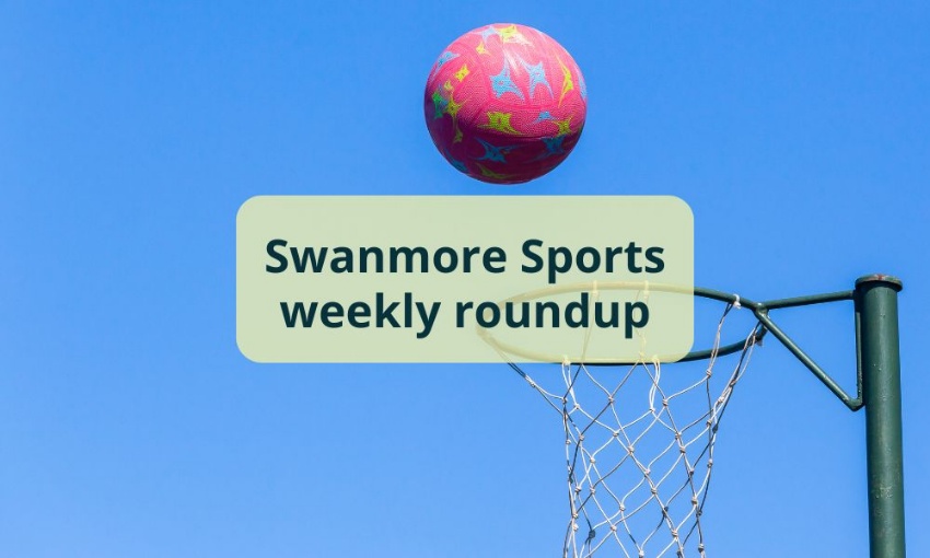 Image shows a netball falling towards the net against a clear blue sky, with the words Swanmore Sports weekly roundup.